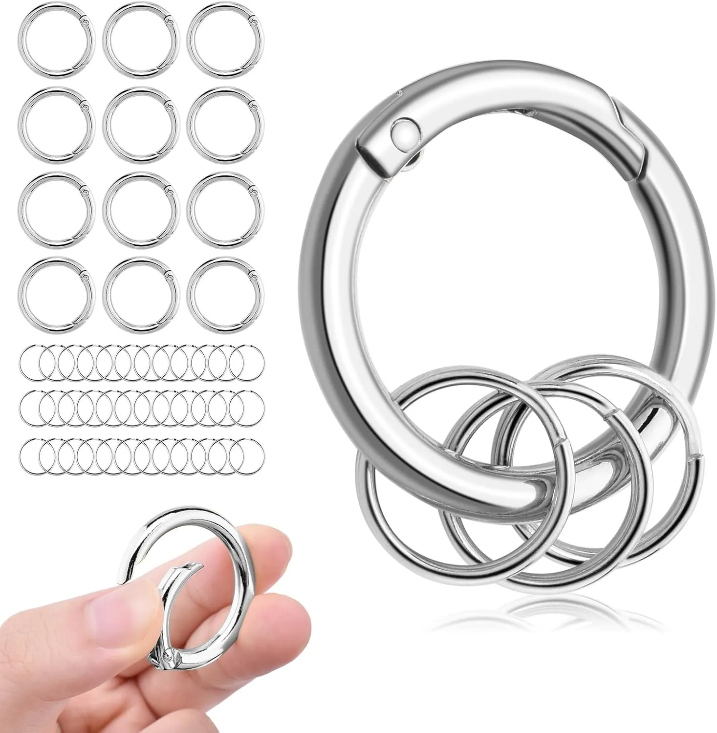 12 Pack Small Keychain Key Chain Rings Round Carabiner Clips 1" Paracord Lanyard Buckles Accessories for Crafting Jewelry Making (Silver)
