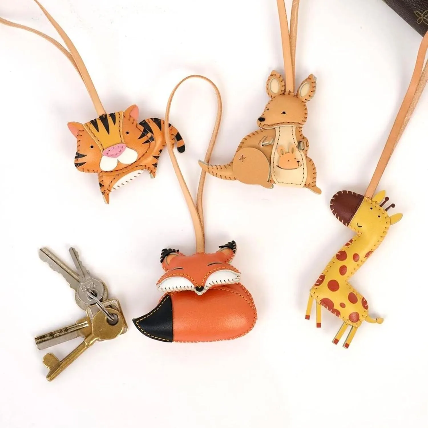 Animal Vegan Leather Charm Keychain - Hand-Sewn Bag Charm for Car Keys, Backpack Decoration, Gift for Women, Men, and Kids